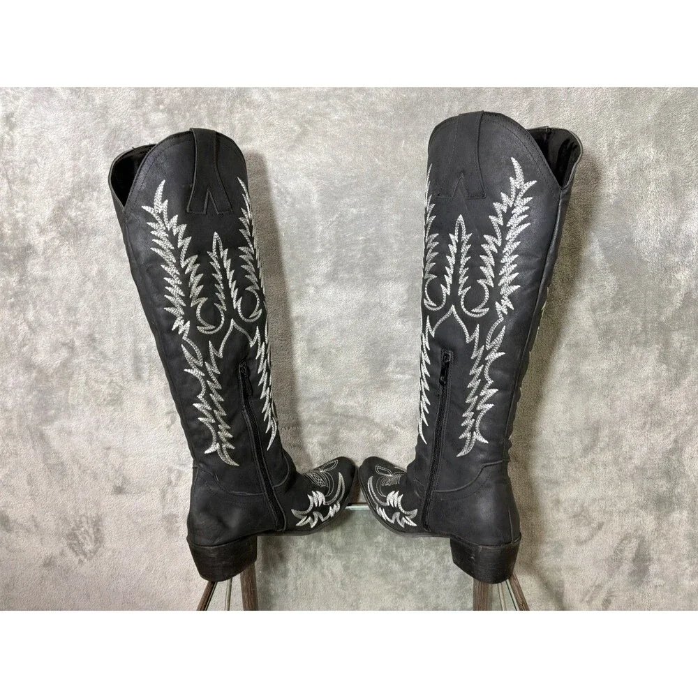 Women’s Tall Embroidered Cowboy Boots Faux Leather size  5.5 Black Rodeo Western